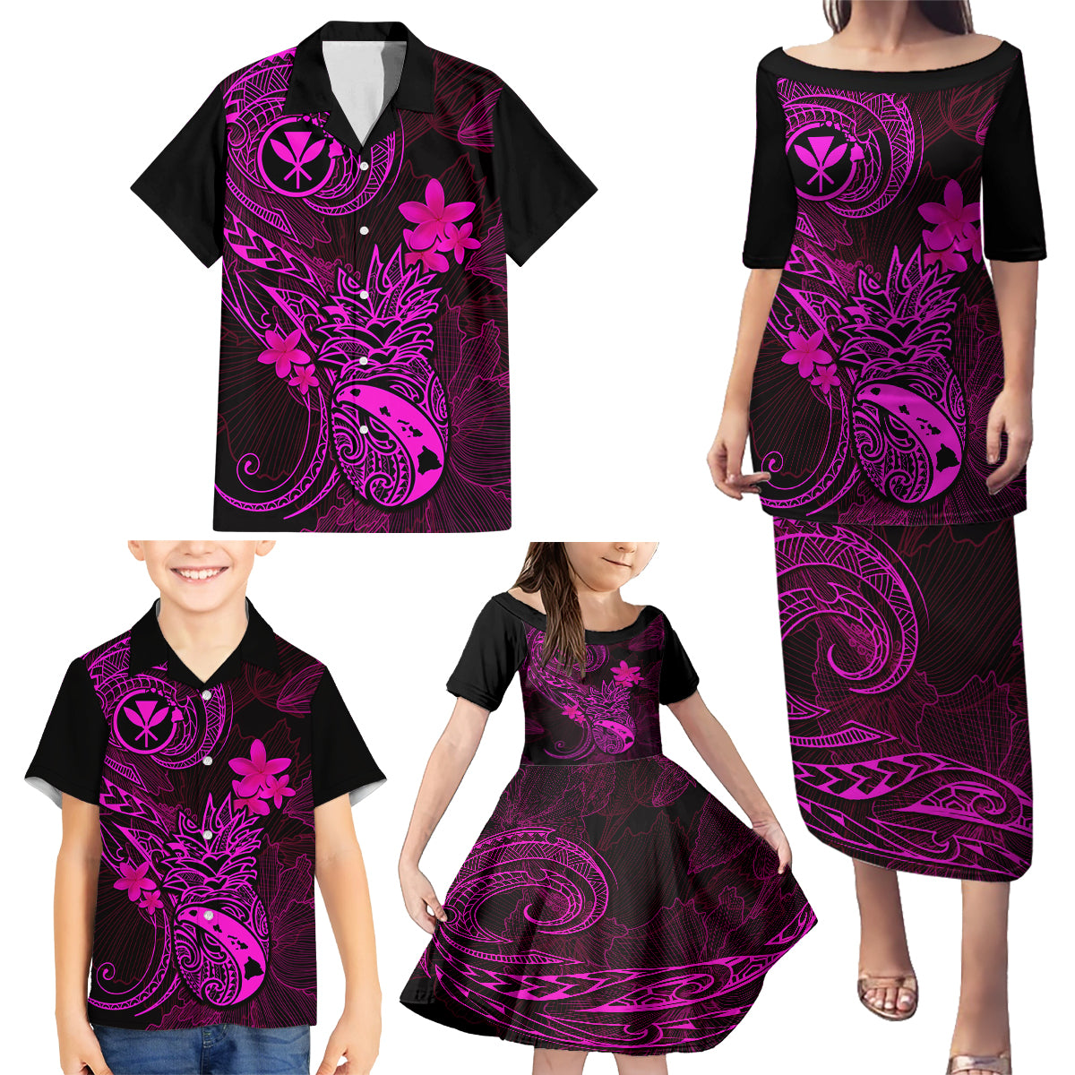 Hawaii Family Matching Puletasi Dress and Hawaiian Shirt Pineapple Mix Polynesian Plumeria Pink Version - Wonder Print Shop