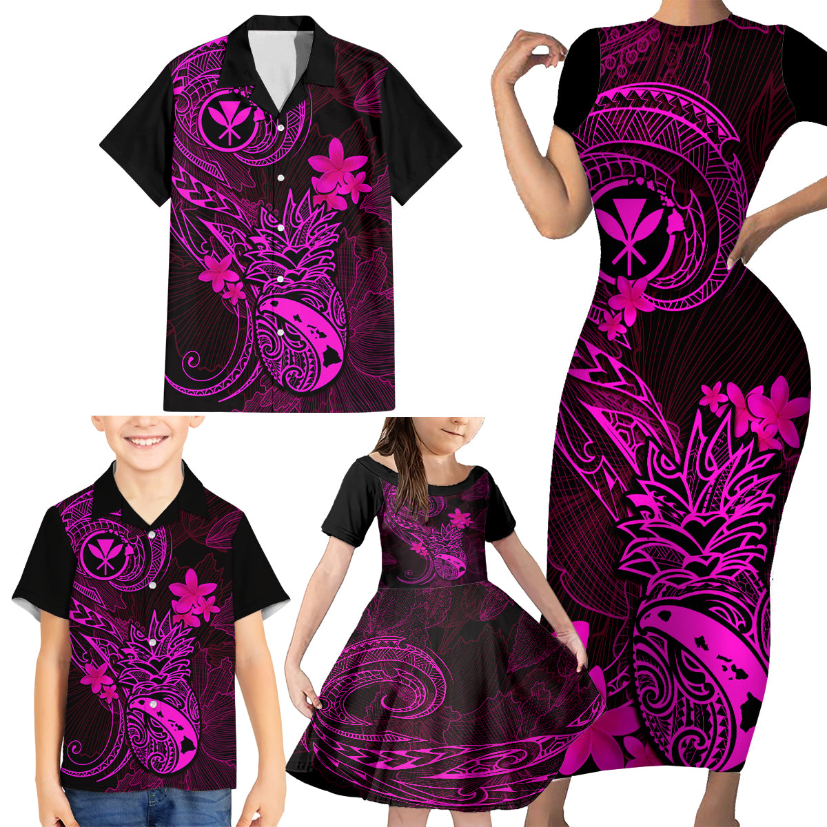 Hawaii Family Matching Short Sleeve Bodycon Dress and Hawaiian Shirt Pineapple Mix Polynesian Plumeria Pink Version - Wonder Print Shop