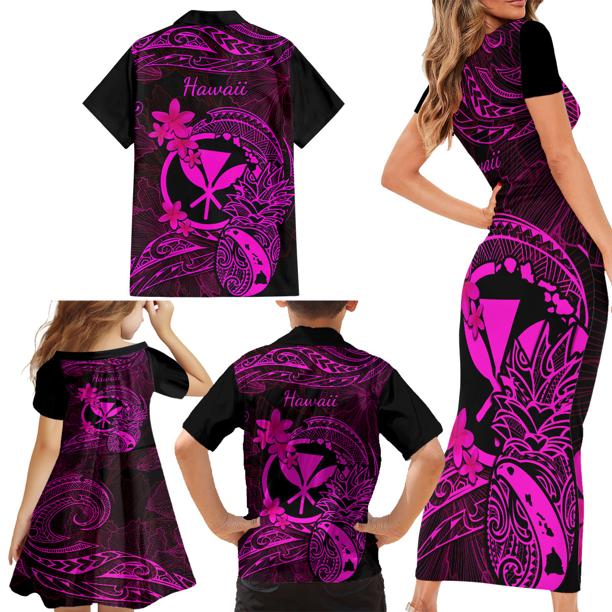 Hawaii Family Matching Short Sleeve Bodycon Dress and Hawaiian Shirt Pineapple Mix Polynesian Plumeria Pink Version - Wonder Print Shop