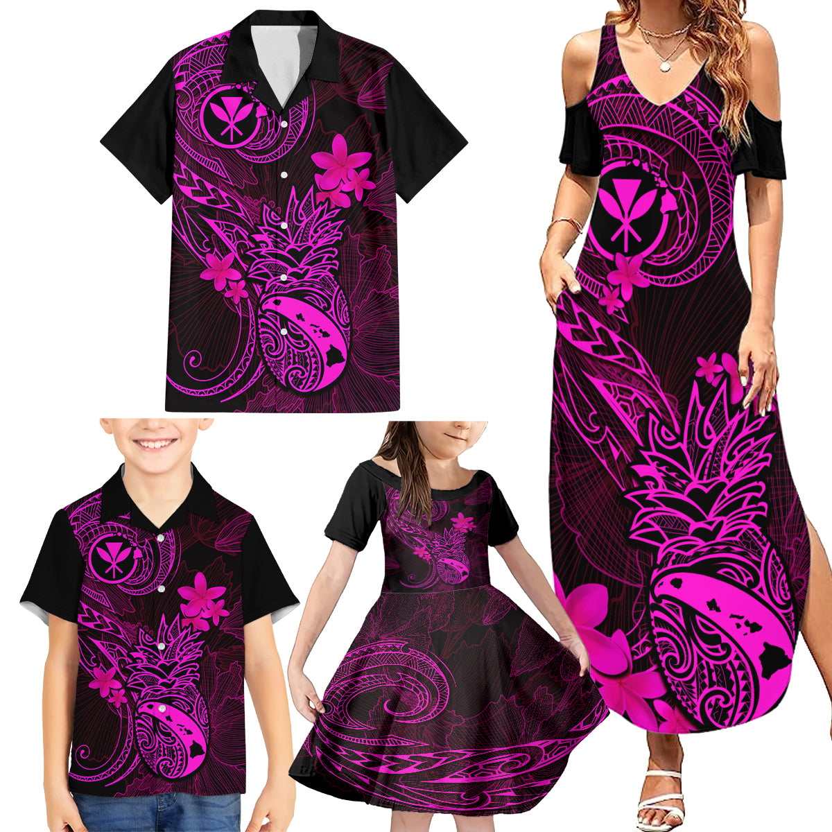 Hawaii Family Matching Summer Maxi Dress and Hawaiian Shirt Pineapple Mix Polynesian Plumeria Pink Version - Wonder Print Shop