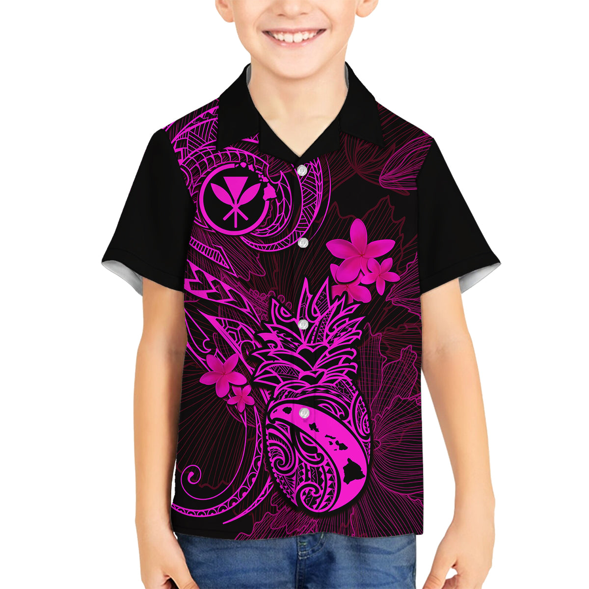 Hawaii Kid Hawaiian Shirt Pineapple Mix Polynesian Plumeria Pink Version - Wonder Print Shop