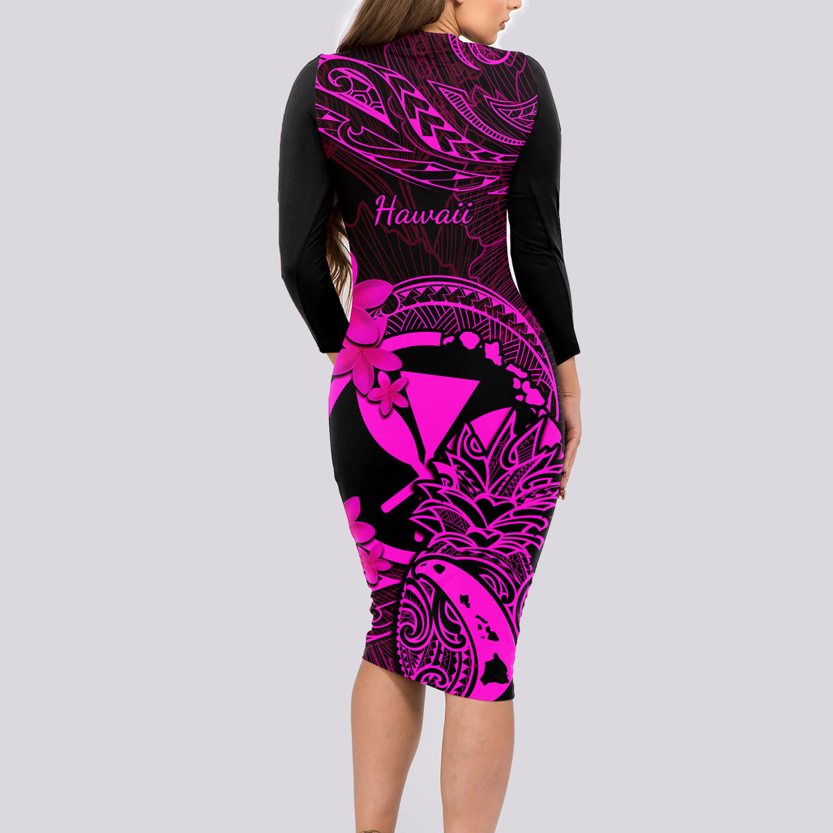 Hawaii Long Sleeve Bodycon Dress Pineapple Mix Polynesian Plumeria Pink Version - Wonder Print Shop