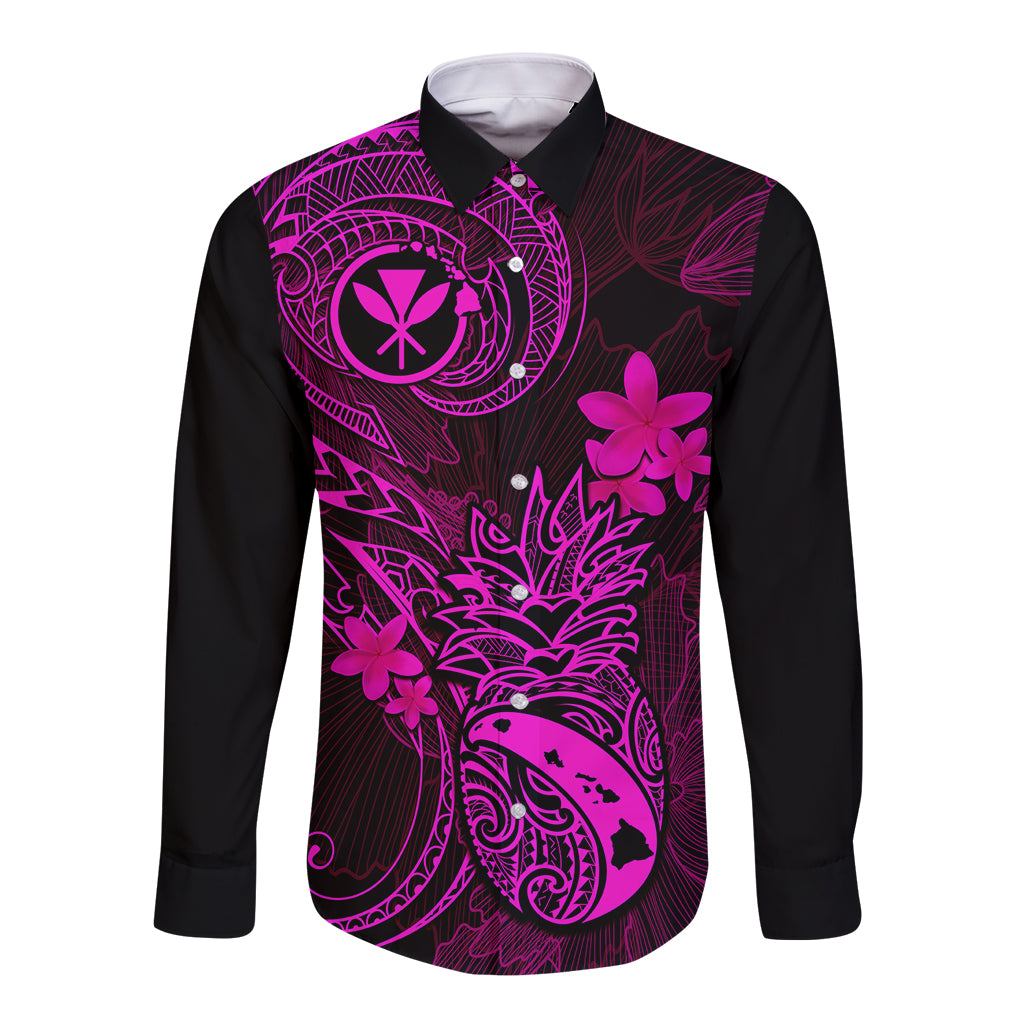 Hawaii Long Sleeve Button Shirt Pineapple Mix Polynesian Plumeria Pink Version - Wonder Print Shop