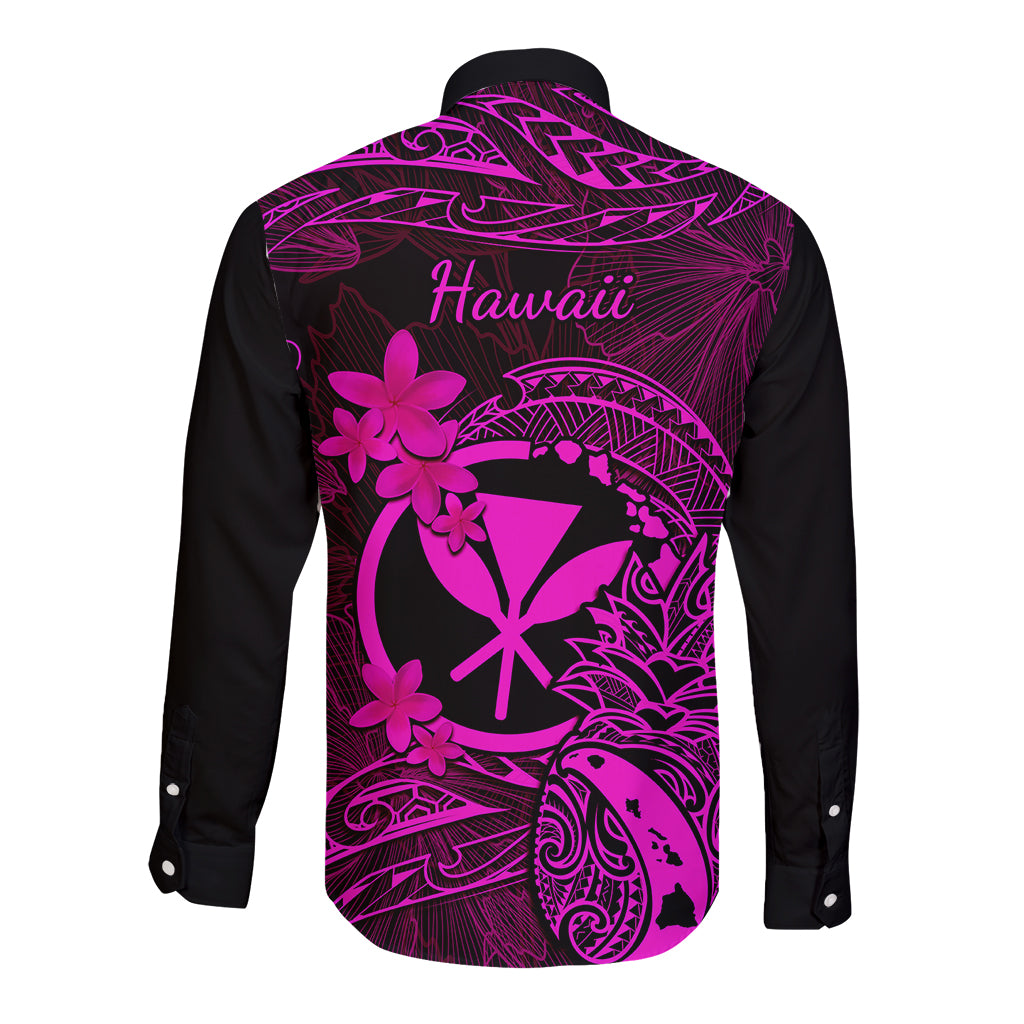 Hawaii Long Sleeve Button Shirt Pineapple Mix Polynesian Plumeria Pink Version - Wonder Print Shop