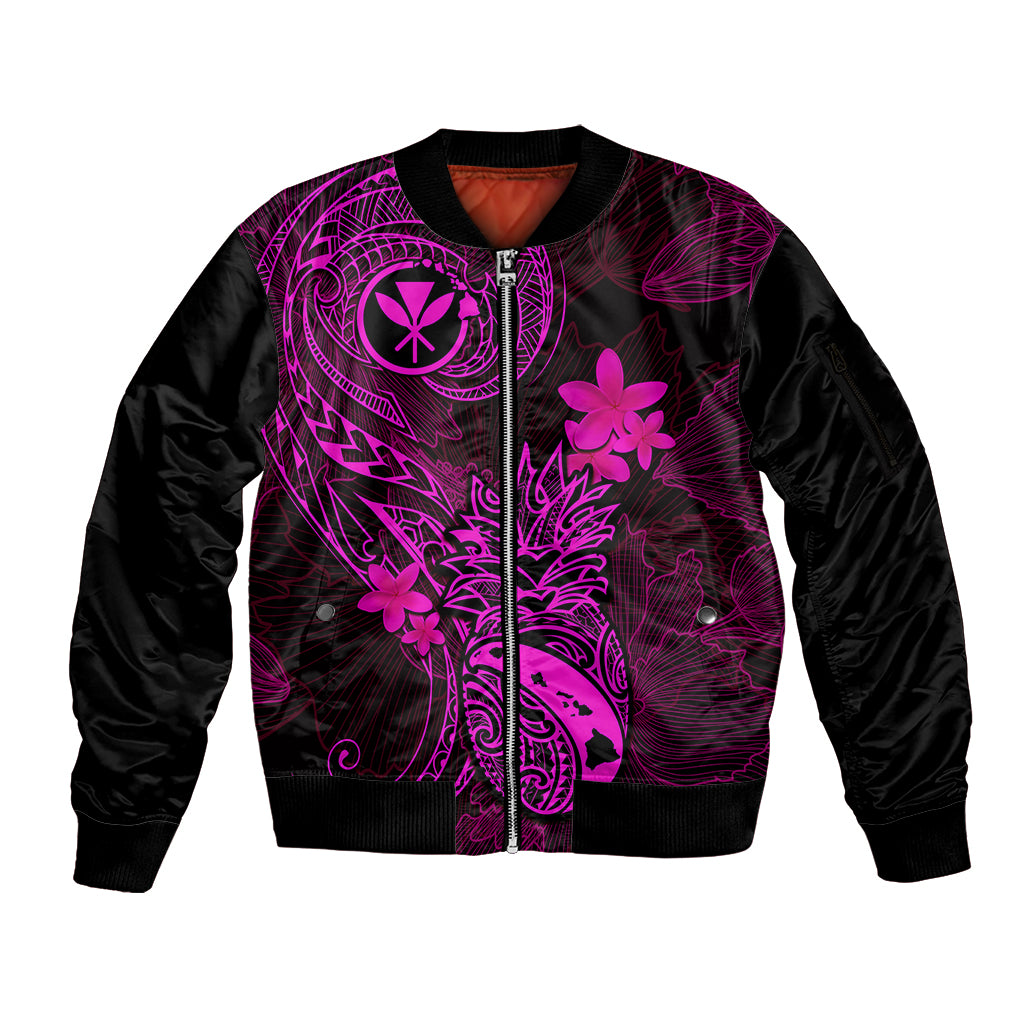 Hawaii Sleeve Zip Bomber Jacket Pineapple Mix Polynesian Plumeria Pink Version - Wonder Print Shop