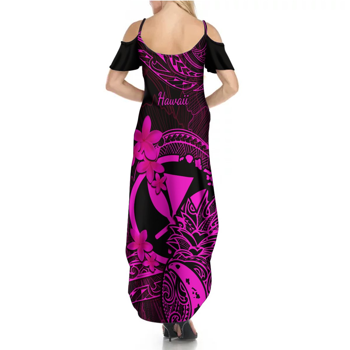 Hawaii Summer Maxi Dress Pineapple Mix Polynesian Plumeria Pink Version - Wonder Print Shop