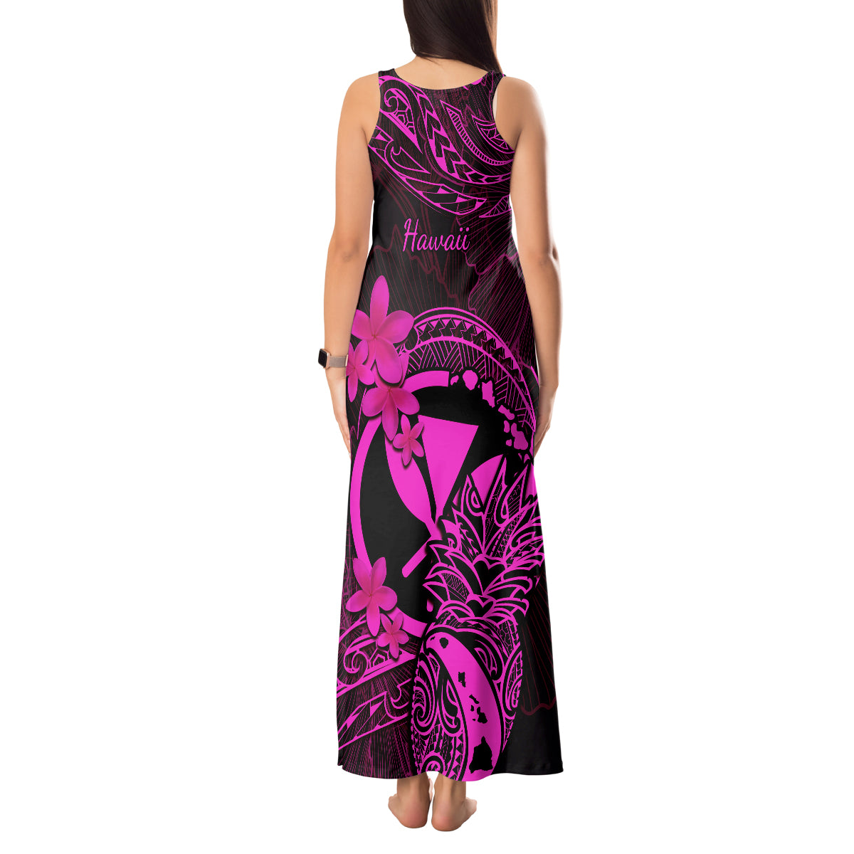 Hawaii Tank Maxi Dress Pineapple Mix Polynesian Plumeria Pink Version - Wonder Print Shop