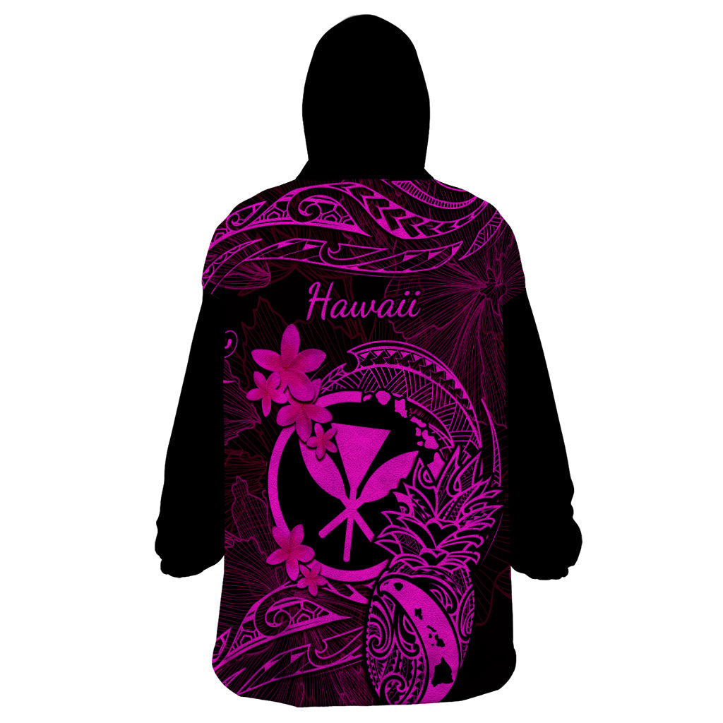 Hawaii Wearable Blanket Hoodie Pineapple Mix Polynesian Plumeria Pink Version - Wonder Print Shop