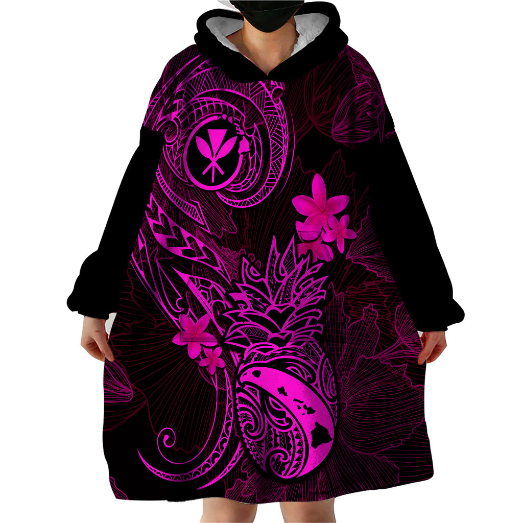Hawaii Wearable Blanket Hoodie Pineapple Mix Polynesian Plumeria Pink Version - Wonder Print Shop