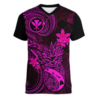 Hawaii Women V Neck T Shirt Pineapple Mix Polynesian Plumeria Pink Version - Wonder Print Shop