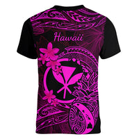 Hawaii Women V Neck T Shirt Pineapple Mix Polynesian Plumeria Pink Version - Wonder Print Shop