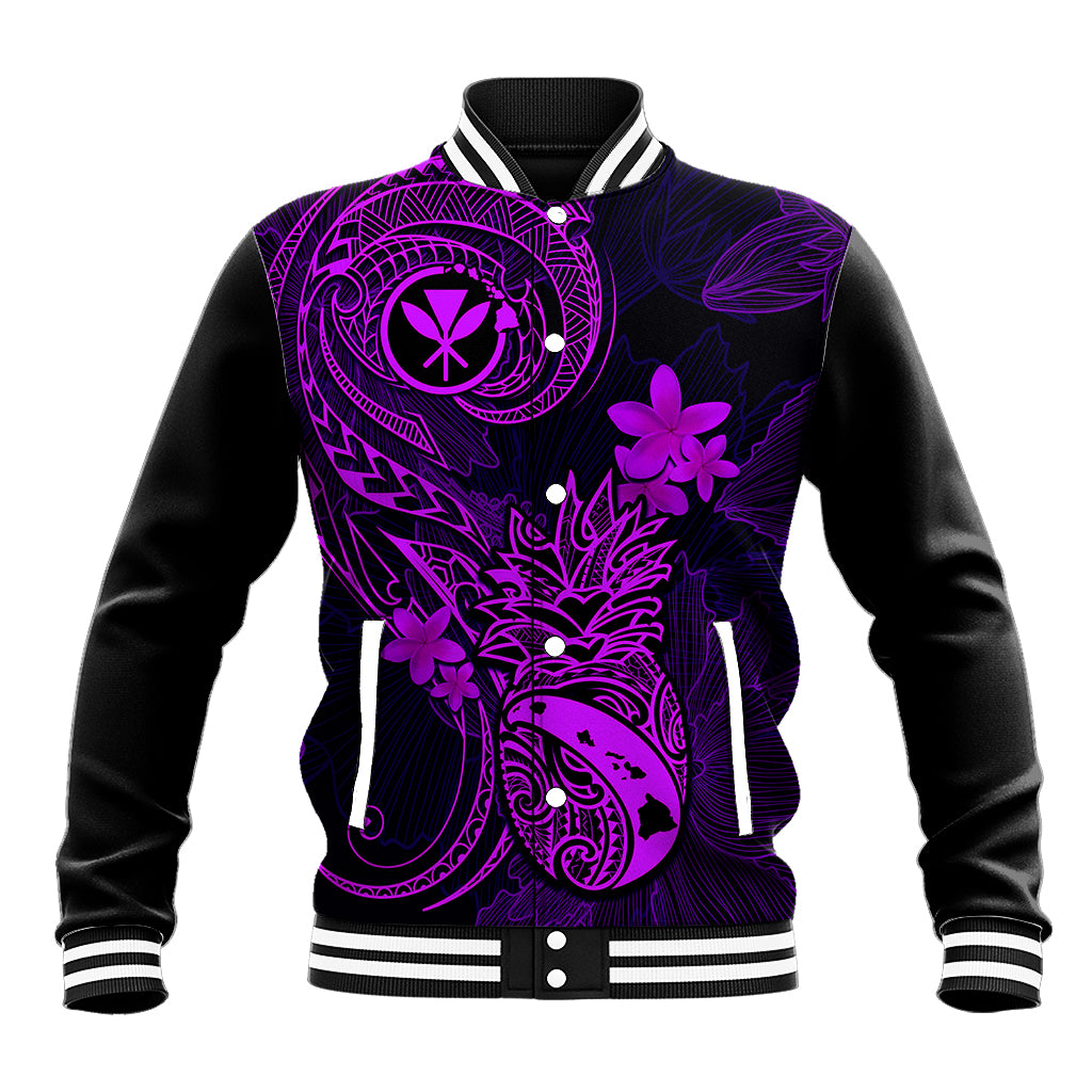 Hawaii Baseball Jacket Pineapple Mix Polynesian Plumeria Purple Version - Wonder Print Shop