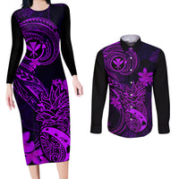 Hawaii Couples Matching Long Sleeve Bodycon Dress and Long Sleeve Button Shirts Pineapple Mix Polynesian Plumeria Purple Version - Wonder Print Shop