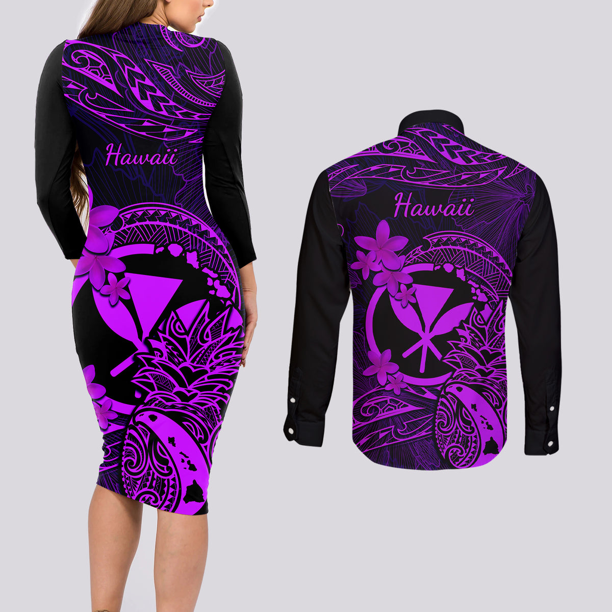 Hawaii Couples Matching Long Sleeve Bodycon Dress and Long Sleeve Button Shirts Pineapple Mix Polynesian Plumeria Purple Version - Wonder Print Shop