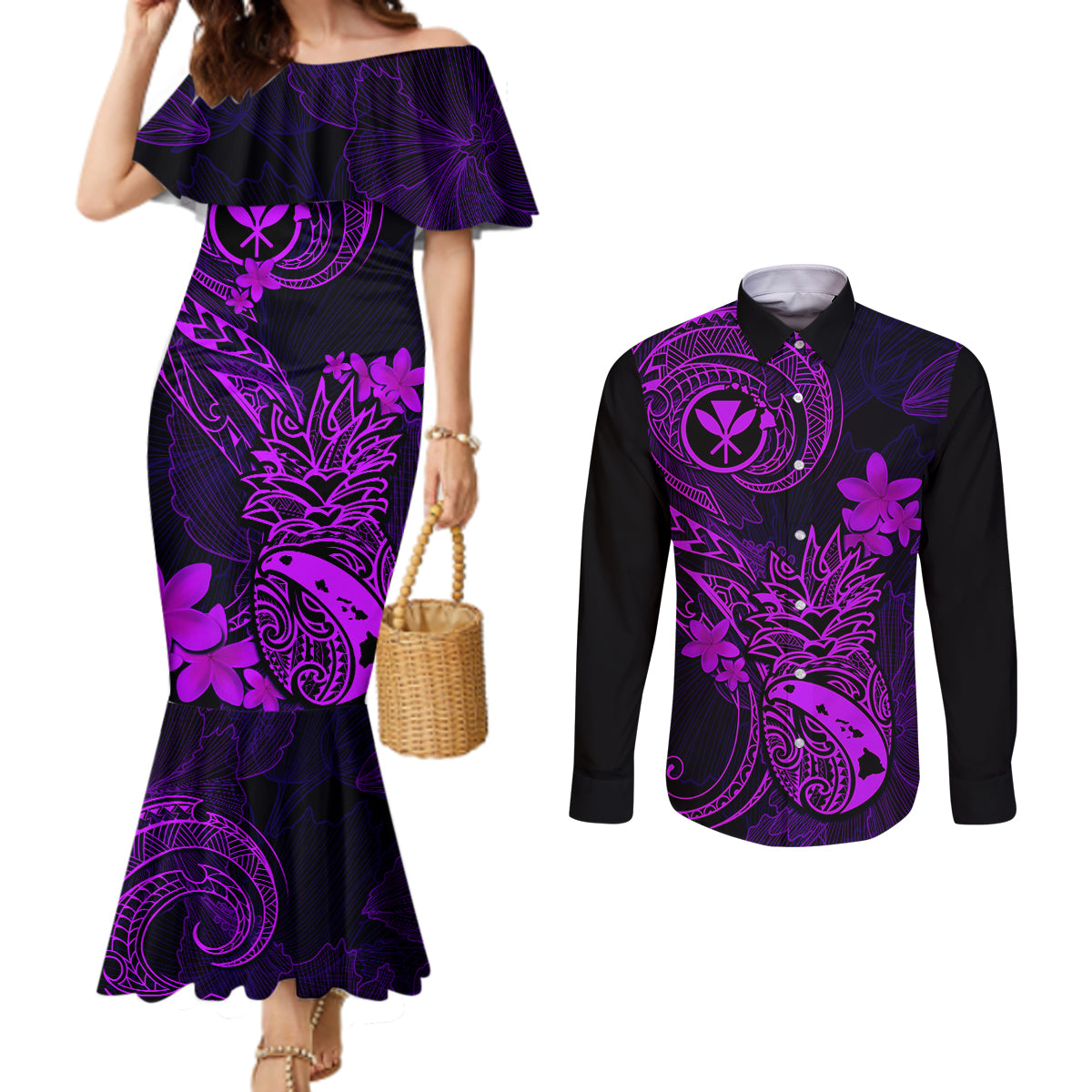 hawaii-couples-matching-mermaid-dress-and-long-sleeve-button-shirts-pineapple-mix-polynesian-plumeria-purple-version