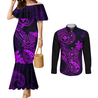 hawaii-couples-matching-mermaid-dress-and-long-sleeve-button-shirts-pineapple-mix-polynesian-plumeria-purple-version