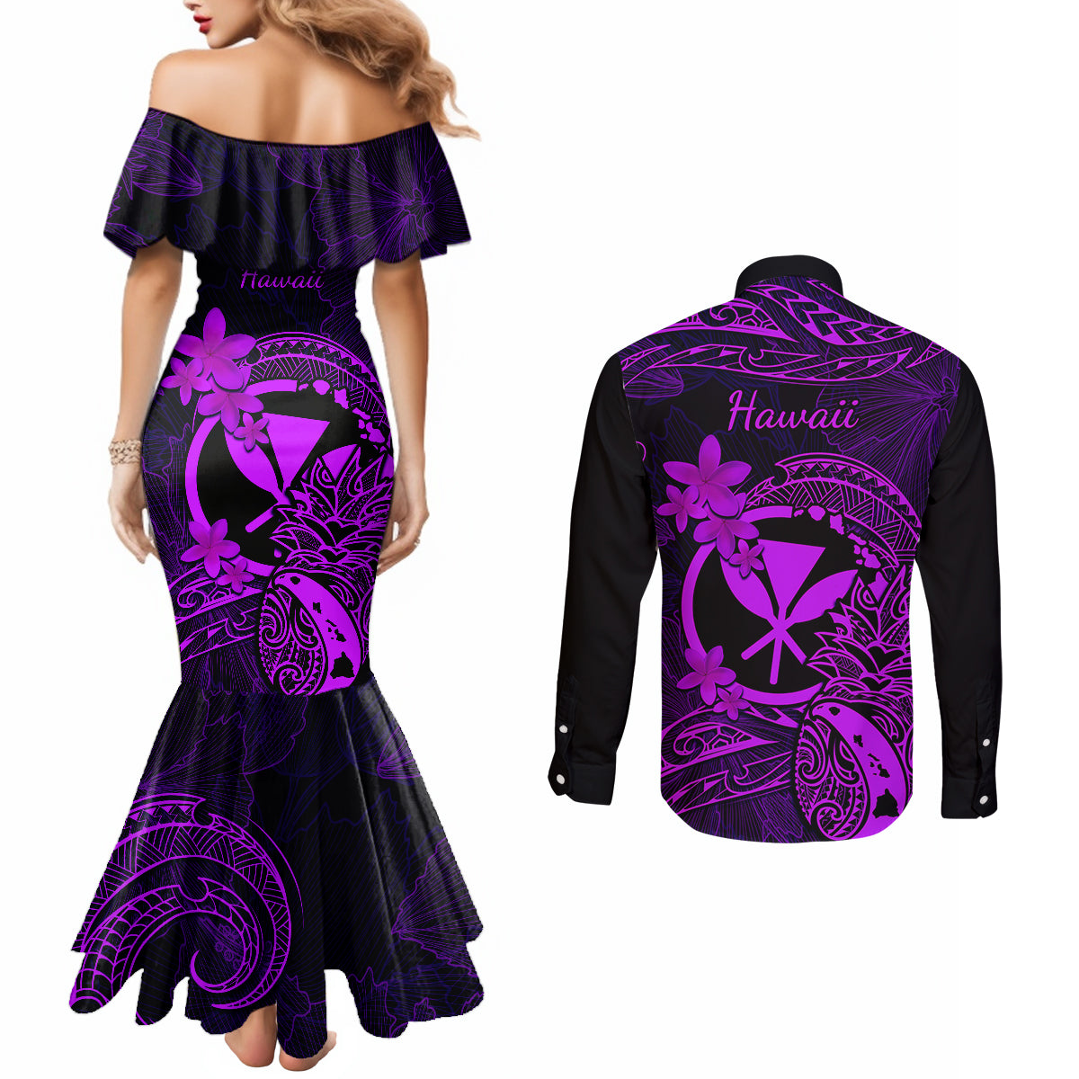 hawaii-couples-matching-mermaid-dress-and-long-sleeve-button-shirts-pineapple-mix-polynesian-plumeria-purple-version