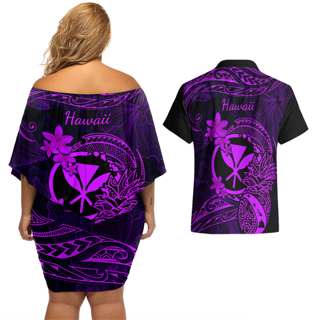 Hawaii Couples Matching Off Shoulder Short Dress and Hawaiian Shirt Pineapple Mix Polynesian Plumeria Purple Version - Wonder Print Shop