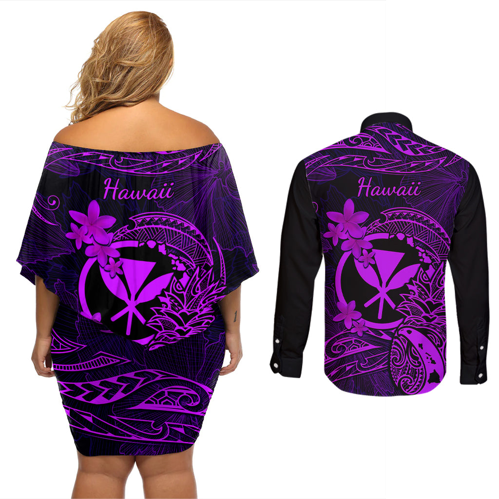 Hawaii Couples Matching Off Shoulder Short Dress and Long Sleeve Button Shirts Pineapple Mix Polynesian Plumeria Purple Version - Wonder Print Shop