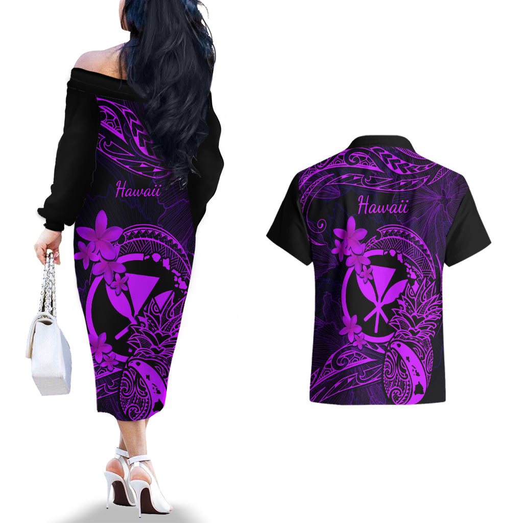 Hawaii Couples Matching Off The Shoulder Long Sleeve Dress and Hawaiian Shirt Pineapple Mix Polynesian Plumeria Purple Version - Wonder Print Shop