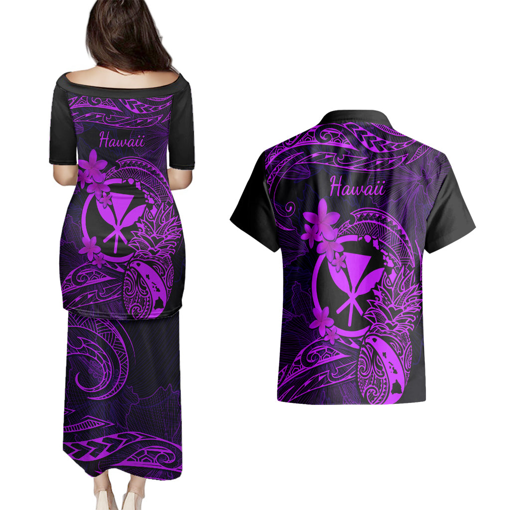 Hawaii Couples Matching Puletasi Dress and Hawaiian Shirt Pineapple Mix Polynesian Plumeria Purple Version - Wonder Print Shop