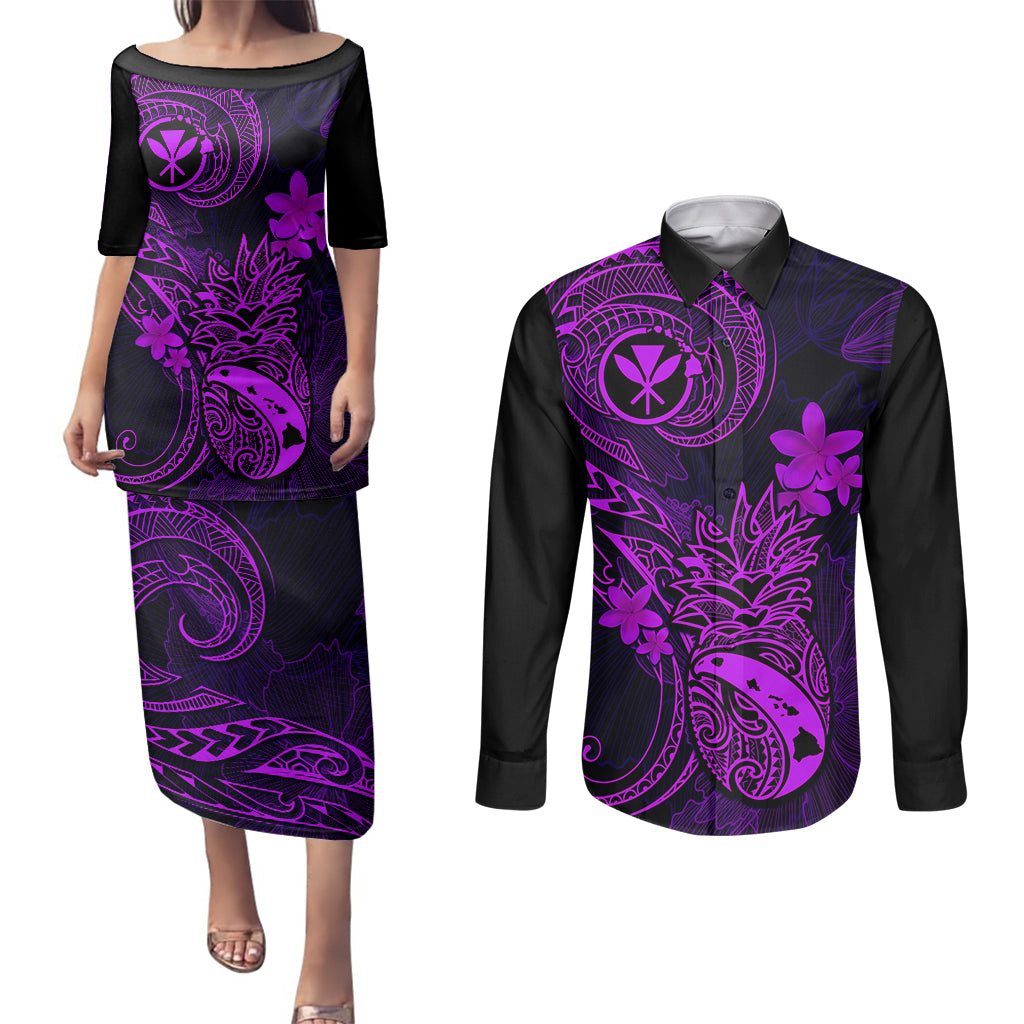 Hawaii Couples Matching Puletasi Dress and Long Sleeve Button Shirts Pineapple Mix Polynesian Plumeria Purple Version - Wonder Print Shop