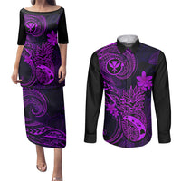 Hawaii Couples Matching Puletasi Dress and Long Sleeve Button Shirts Pineapple Mix Polynesian Plumeria Purple Version - Wonder Print Shop