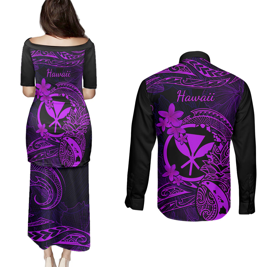 Hawaii Couples Matching Puletasi Dress and Long Sleeve Button Shirts Pineapple Mix Polynesian Plumeria Purple Version - Wonder Print Shop
