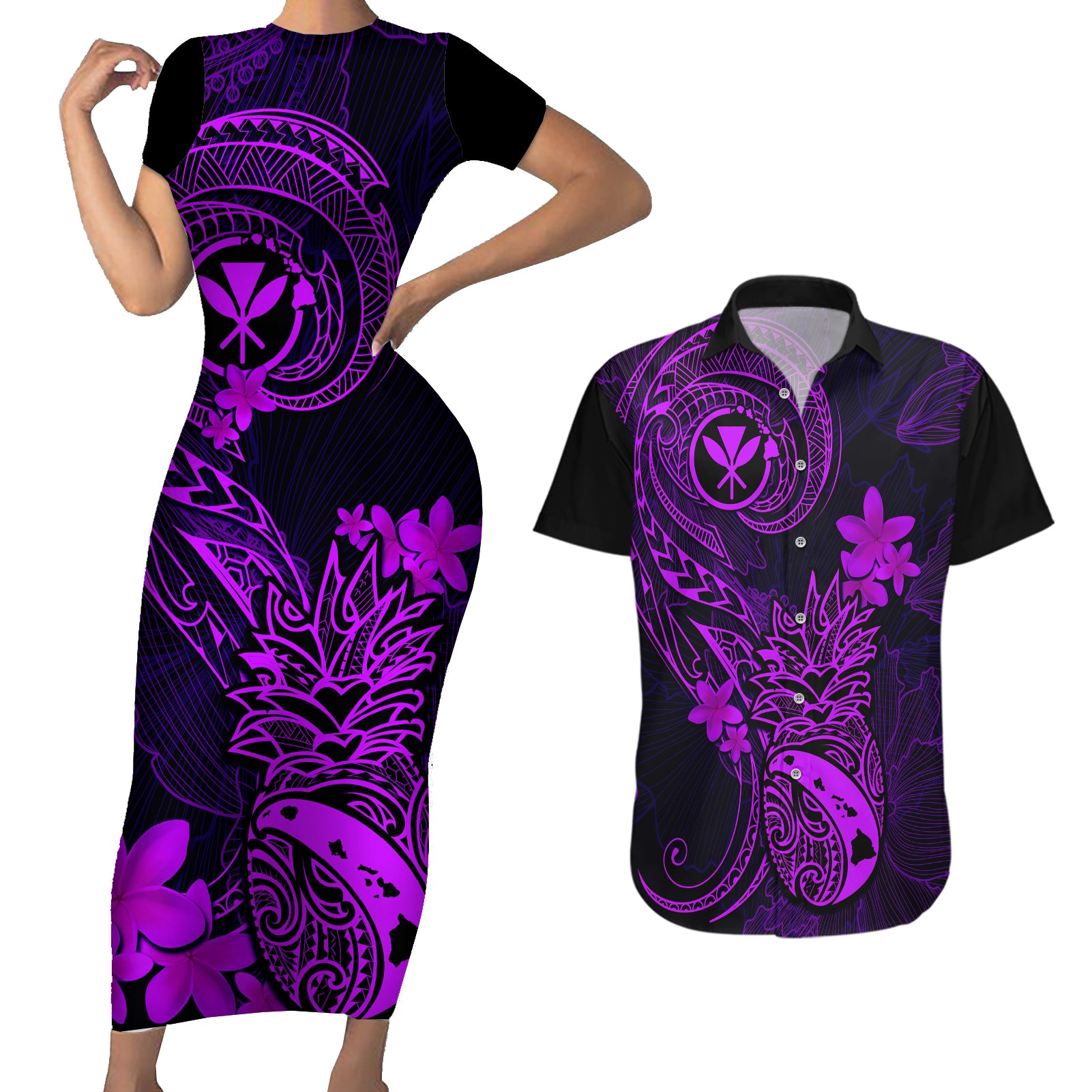 Hawaii Couples Matching Short Sleeve Bodycon Dress and Hawaiian Shirt Pineapple Mix Polynesian Plumeria Purple Version - Wonder Print Shop