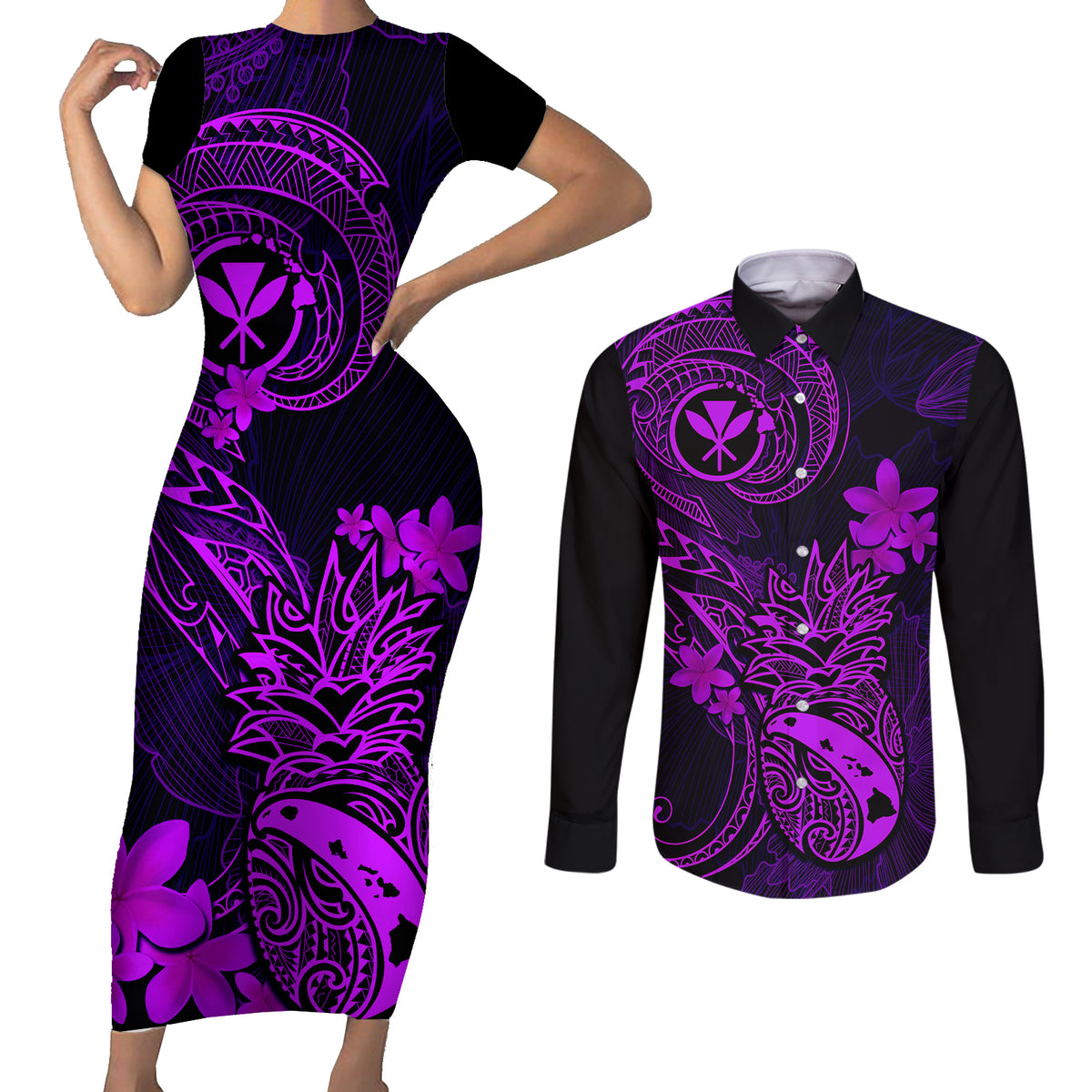Hawaii Couples Matching Short Sleeve Bodycon Dress and Long Sleeve Button Shirts Pineapple Mix Polynesian Plumeria Purple Version - Wonder Print Shop