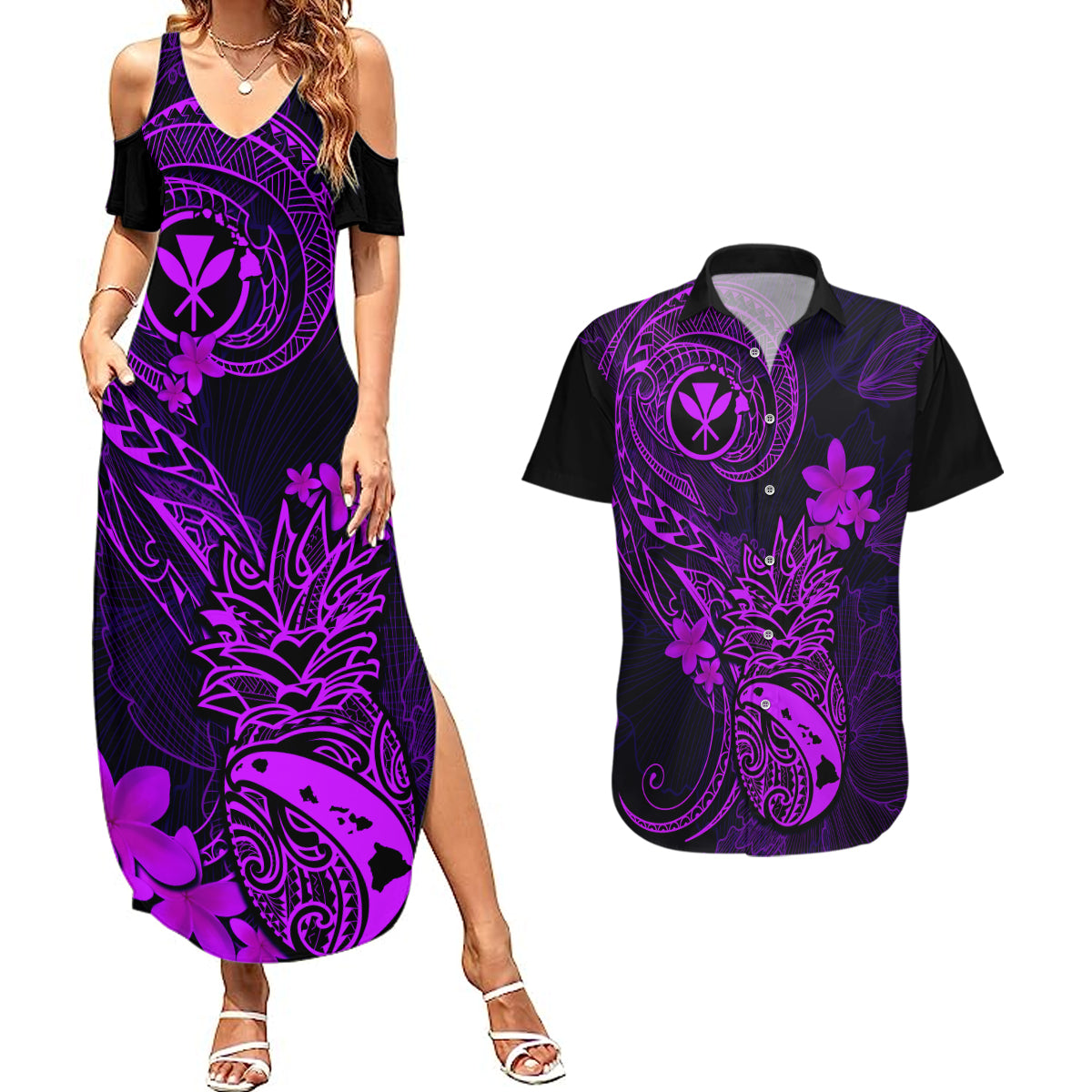 Hawaii Couples Matching Summer Maxi Dress and Hawaiian Shirt Pineapple Mix Polynesian Plumeria Purple Version - Wonder Print Shop