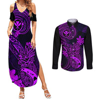 Hawaii Couples Matching Summer Maxi Dress and Long Sleeve Button Shirts Pineapple Mix Polynesian Plumeria Purple Version - Wonder Print Shop