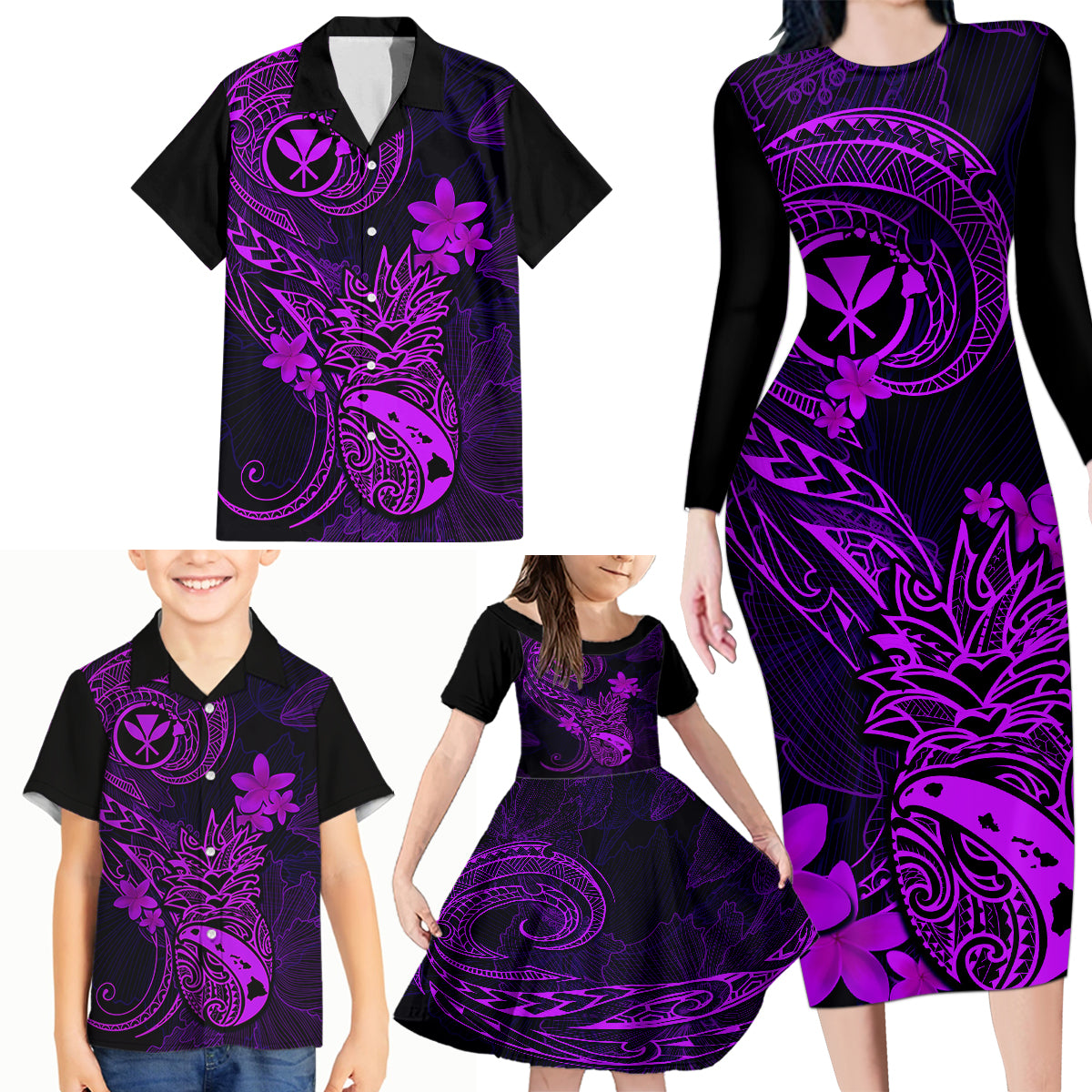 Hawaii Family Matching Long Sleeve Bodycon Dress and Hawaiian Shirt Pineapple Mix Polynesian Plumeria Purple Version - Wonder Print Shop