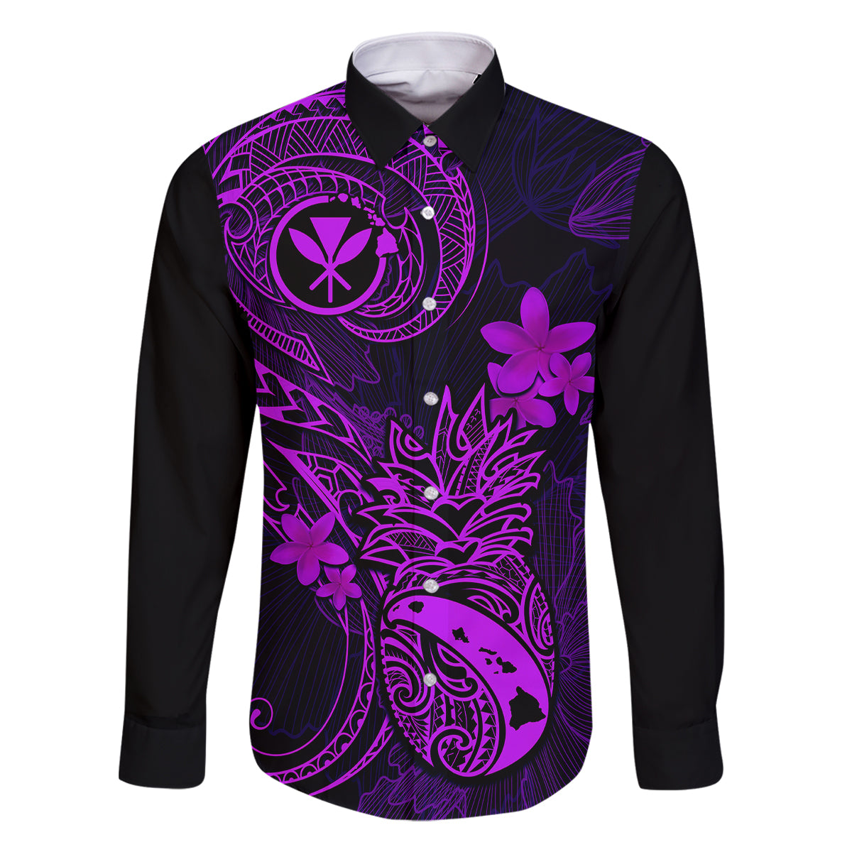Hawaii Family Matching Long Sleeve Bodycon Dress and Hawaiian Shirt Pineapple Mix Polynesian Plumeria Purple Version - Wonder Print Shop