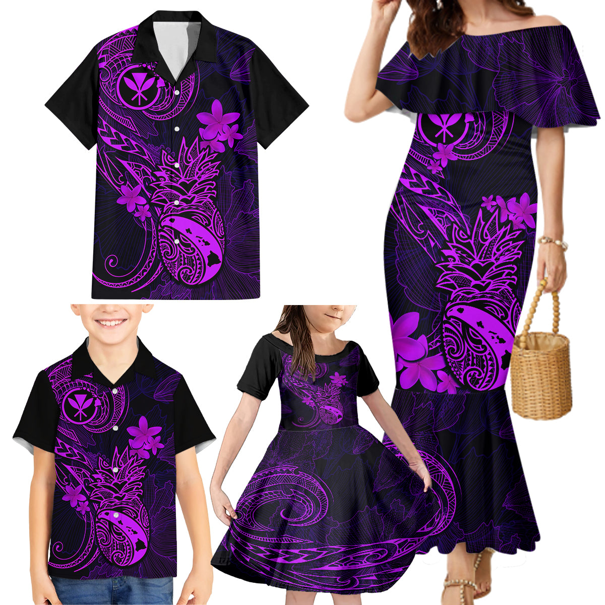 Hawaii Family Matching Mermaid Dress and Hawaiian Shirt Pineapple Mix Polynesian Plumeria Purple Version - Wonder Print Shop