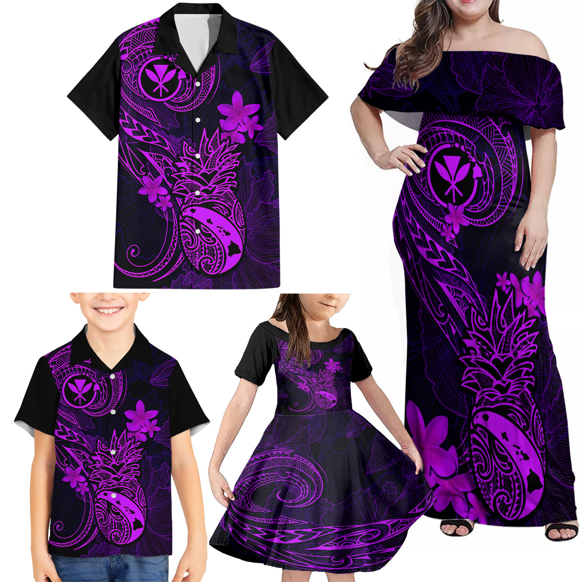 Hawaii Family Matching Off Shoulder Maxi Dress and Hawaiian Shirt Pineapple Mix Polynesian Plumeria Purple Version - Wonder Print Shop