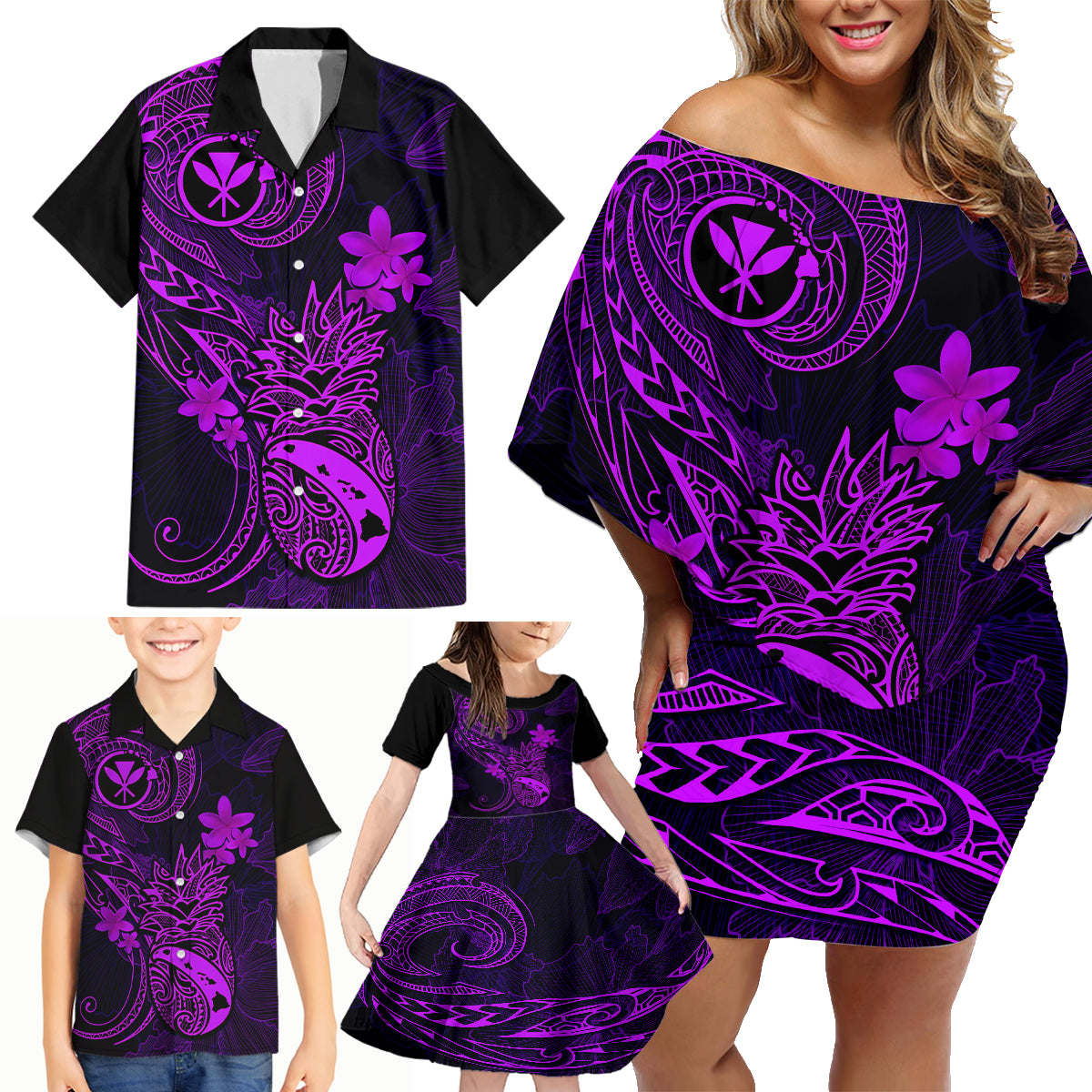 Hawaii Family Matching Off Shoulder Short Dress and Hawaiian Shirt Pineapple Mix Polynesian Plumeria Purple Version - Wonder Print Shop