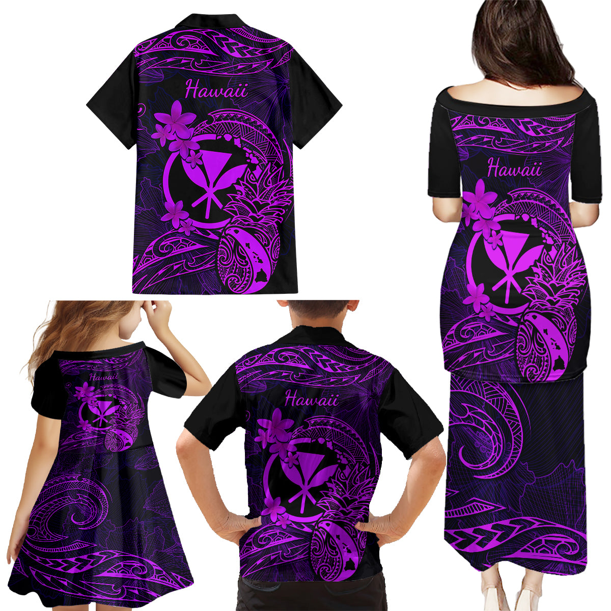 Hawaii Family Matching Puletasi Dress and Hawaiian Shirt Pineapple Mix Polynesian Plumeria Purple Version - Wonder Print Shop