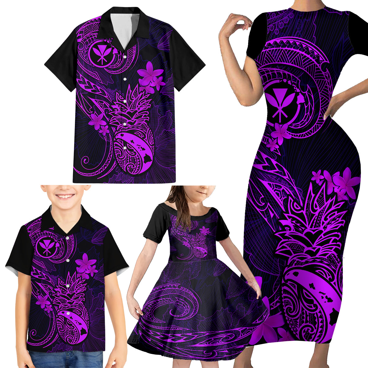 Hawaii Family Matching Short Sleeve Bodycon Dress and Hawaiian Shirt Pineapple Mix Polynesian Plumeria Purple Version - Wonder Print Shop