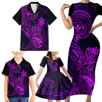 Hawaii Family Matching Short Sleeve Bodycon Dress and Hawaiian Shirt Pineapple Mix Polynesian Plumeria Purple Version - Wonder Print Shop