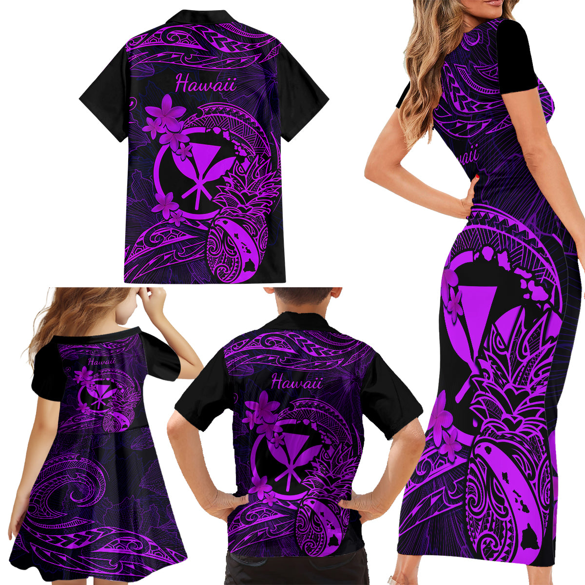 Hawaii Family Matching Short Sleeve Bodycon Dress and Hawaiian Shirt Pineapple Mix Polynesian Plumeria Purple Version - Wonder Print Shop