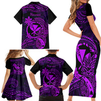 Hawaii Family Matching Short Sleeve Bodycon Dress and Hawaiian Shirt Pineapple Mix Polynesian Plumeria Purple Version - Wonder Print Shop
