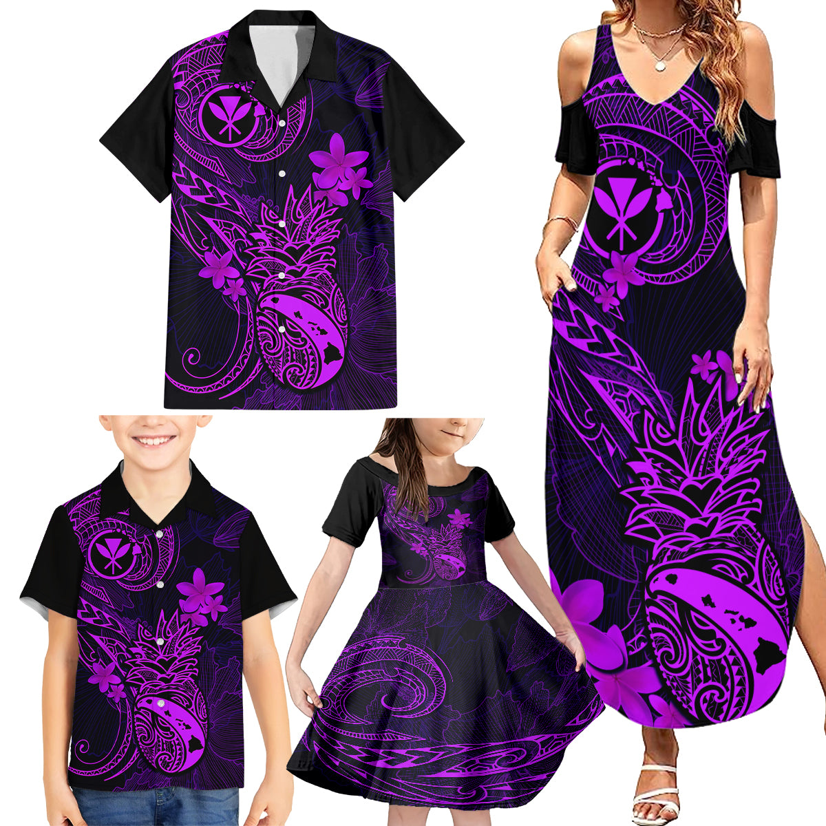Hawaii Family Matching Summer Maxi Dress and Hawaiian Shirt Pineapple Mix Polynesian Plumeria Purple Version - Wonder Print Shop