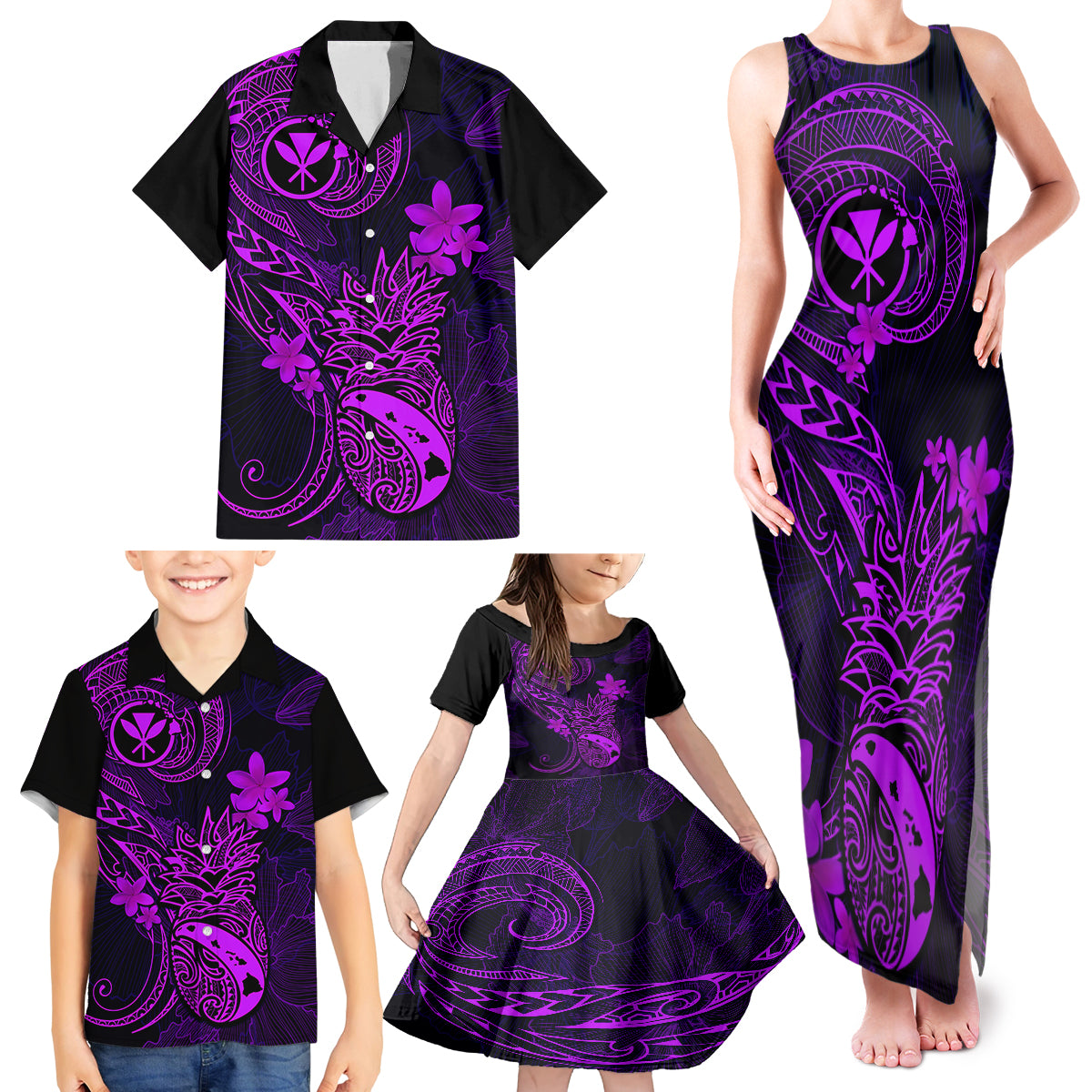 Hawaii Family Matching Tank Maxi Dress and Hawaiian Shirt Pineapple Mix Polynesian Plumeria Purple Version - Wonder Print Shop