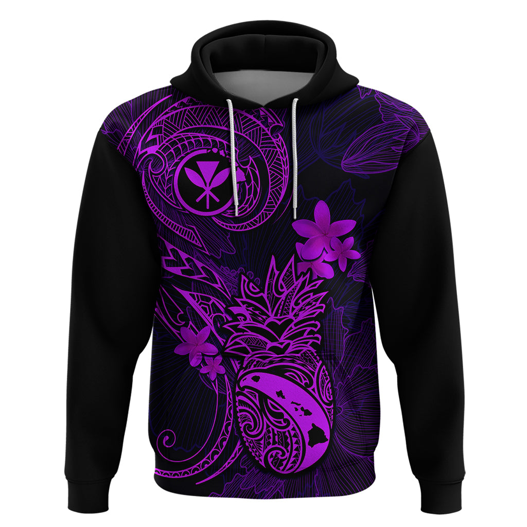 Hawaii Hoodie Pineapple Mix Polynesian Plumeria Purple Version - Wonder Print Shop