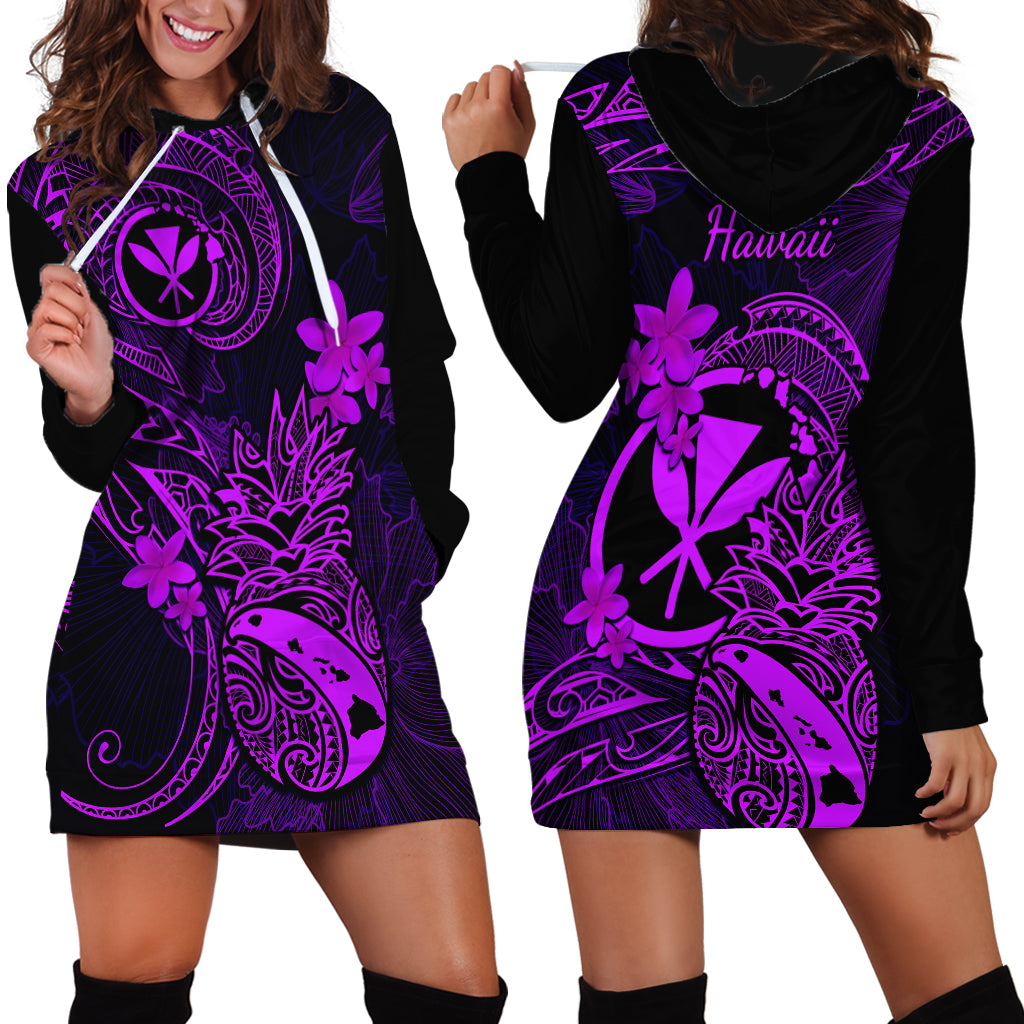 Hawaii Hoodie Dress Pineapple Mix Polynesian Plumeria Purple Version - Wonder Print Shop