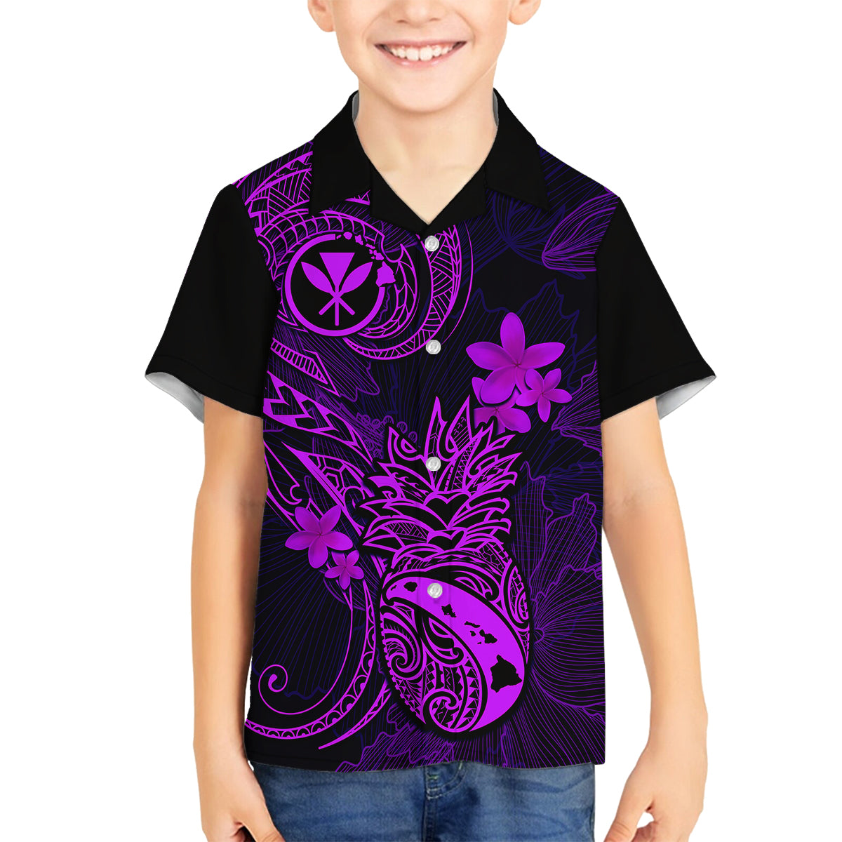 Hawaii Kid Hawaiian Shirt Pineapple Mix Polynesian Plumeria Purple Version - Wonder Print Shop