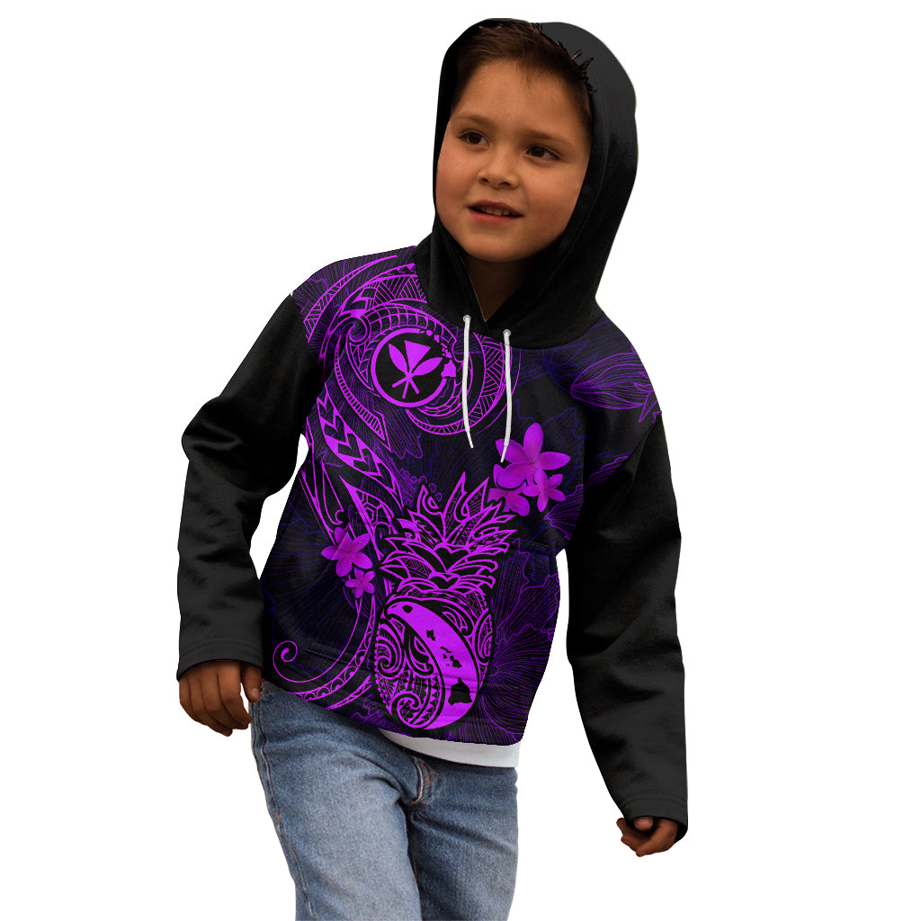 Hawaii Kid Hoodie Pineapple Mix Polynesian Plumeria Purple Version - Wonder Print Shop