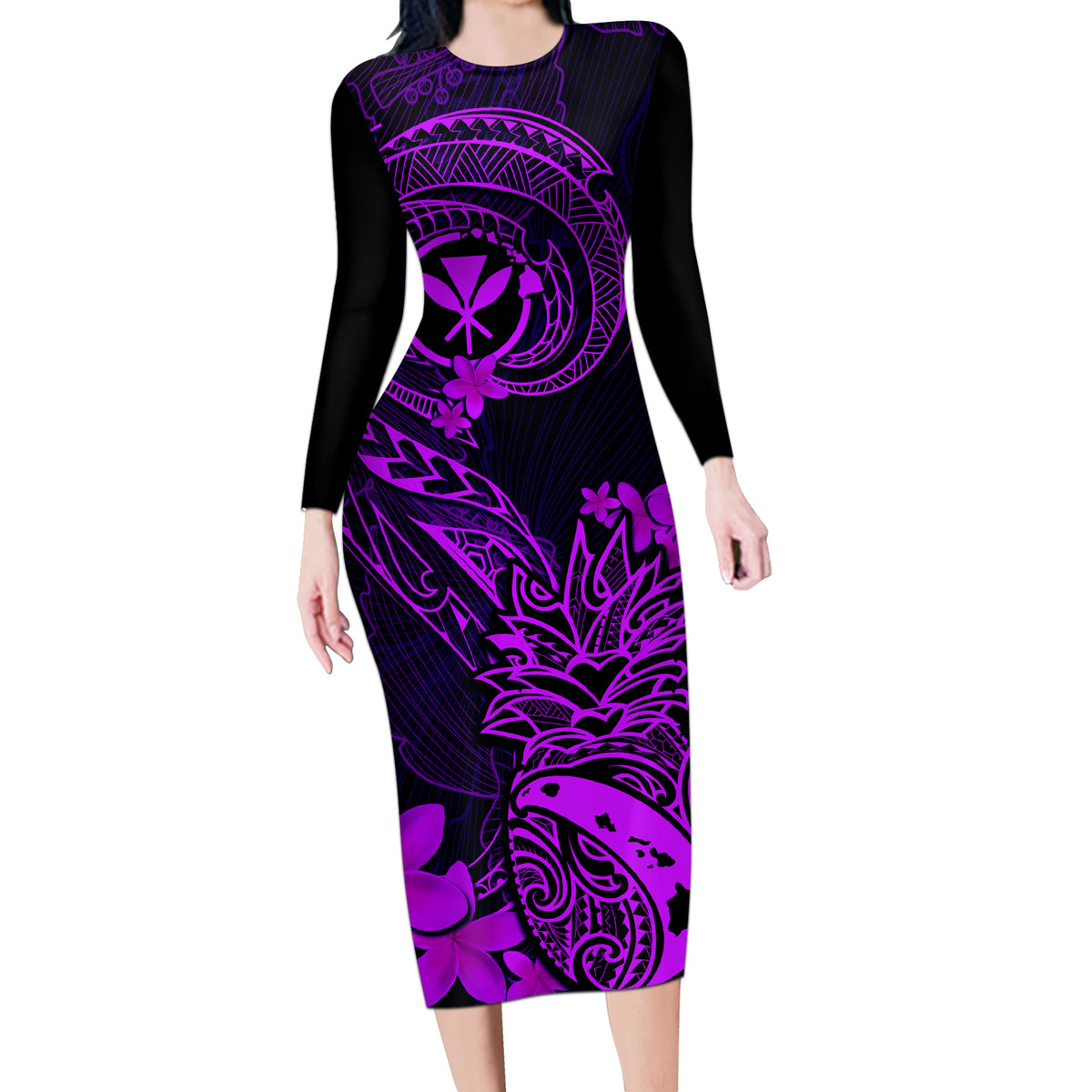 Hawaii Long Sleeve Bodycon Dress Pineapple Mix Polynesian Plumeria Purple Version - Wonder Print Shop