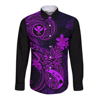 Hawaii Long Sleeve Button Shirt Pineapple Mix Polynesian Plumeria Purple Version - Wonder Print Shop